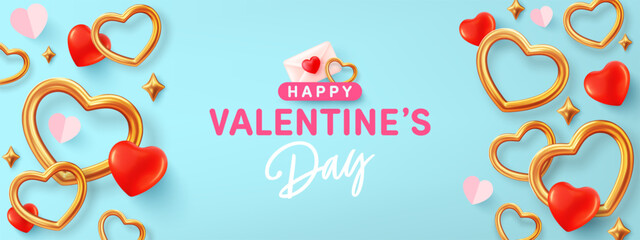 Valentine's day banner template with golden heart shape on blue background.Vector of Valentine's day poster or banner.Greetings and presents for love or Valentine concept.