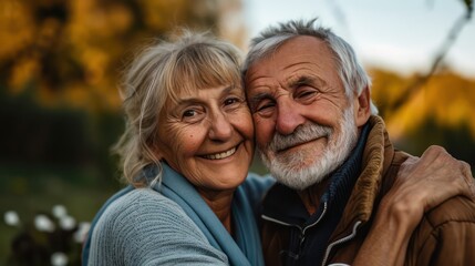 An affectionate portrayal of an old couple in love, captured in a lifestyle photograph as they happily smile at the camera