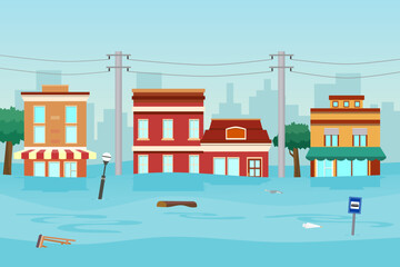 Flood disaster in town. Flooded buildings. Vector illustration.