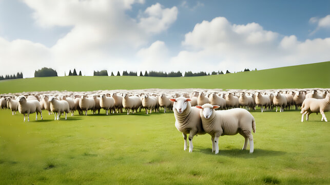 Sheep in green field mountain background. Generated with AI.