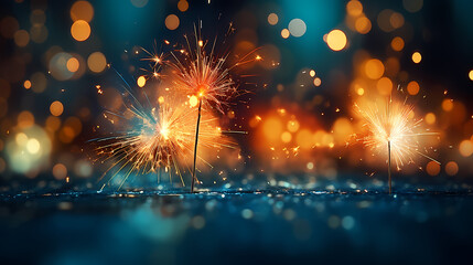 Happy New Year, burning fireworks with bokeh light background