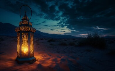 Desert Luminescence: A Lantern's Tale Unveiled in the Sands, Where East Meets West in a Symphony of Gold and Blue