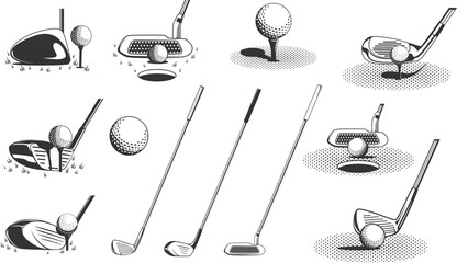 Golf clubs and a ball. Retro monochrome vector illustration. - obrazy, fototapety, plakaty