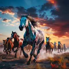 Foto op Canvas herd horses running on the grassland during sunset time illustration © Wipada
