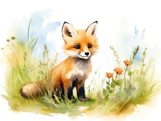 Watercolor Painting of a Fox Sitting in the Grass.