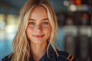 Fototapeta premium Blonde woman wearing Emergency Services Dispatcher uniform on duty