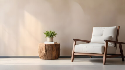 Fabric lounge chair and wood stump side table against beige stucco wall with copy space.