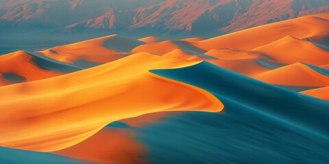 Fototapeta na wymiar Golden Waves of a Desert Dream: An Enchanting Dance of Orange and Blue Sand Dunes in the Embracing Embrace of Nature's Animated Art