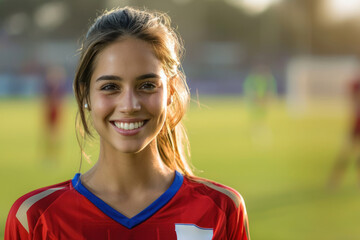 Hispanic woman wearing soccer player or supporter attribute uniform - obrazy, fototapety, plakaty