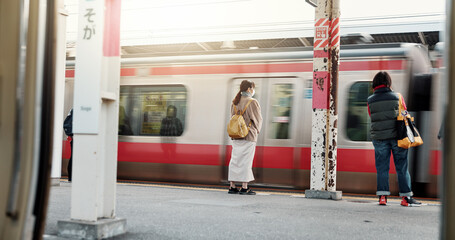 Motion blur, train with people and travel, journey with commute or tourism, public transportation...