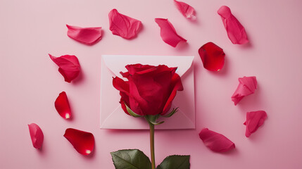 Valentine Red Rose flowers and petal envelope on pastel pink background.