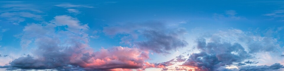 Seamless hdr 360 panorama of sunset sky with bright pink Cumulus clouds, suitable for aerial drone...