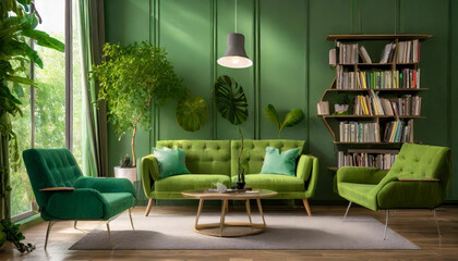A Modern Living Room with Green Sofa and Chair, Harmonizing Against a Green Wall with a Bookshelf, Elevated by the Refreshing Presence of Greenery., interior, room, chair, furniture, table, home, desi