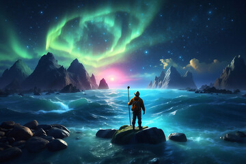 silhouette of man with aurora background