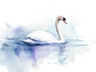 White Swan Floating on Top of Body of Water. Watercolor illustration.