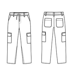 Men's cargo trousers front and back view, flat sketch fashion illustration