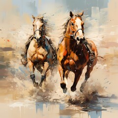 acrylic style of beautiful horses painting in beige and classic white color tone