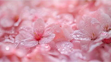 Droplets on cherry blossom petals in the mist reflecting light
