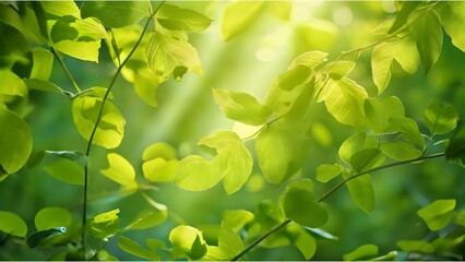 Fototapeta na wymiar Soft sunlight filtering through the fresh green leaves of trees 