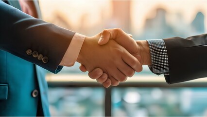 A scene with two individuals in business suits shaking hands against the backdrop of office buildings
 - obrazy, fototapety, plakaty