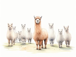 Group of Llamas Standing in Field. Watercolor illustration.