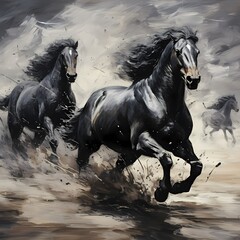 wall art painting with 2 dark black horse galloping in the white smoke