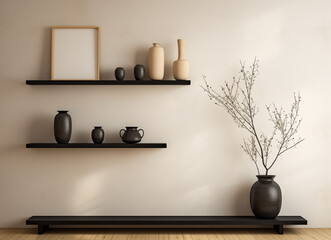 mockup, shelves and vases with blank poster on wall for art design, in the style of zen-inspired, black and beige, 