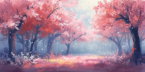 Cherry blossom trees woodland forest, Japan, Japanese blossoms tree, Seasonal pink bloom, generated ai - obrazy, fototapety, plakaty