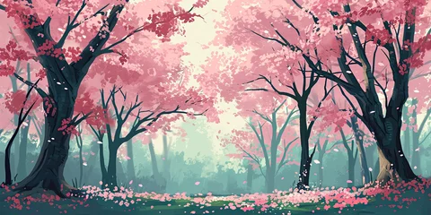 Fotobehang Cherry blossom trees woodland forest, Japan, Japanese blossoms tree, Seasonal pink bloom, generated ai © dan