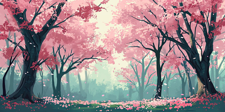 Cherry blossom trees woodland forest, Japan, Japanese blossoms tree, Seasonal pink bloom, generated ai © dan