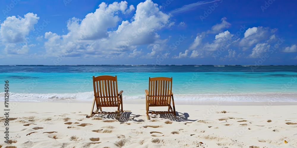 Canvas Prints chairs on paradise tropical beach, relaxing goals, couple destination, ocean background, generated a