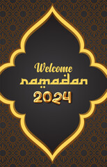 welcome ramadan kareem 2024 banner with black and brown background design