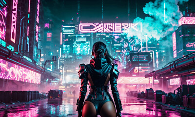 Cyberpunk woman. Back of sexy woman in futuristic outfit