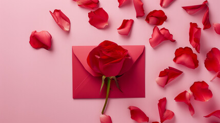 Valentine Red Rose flowers and petal envelope on pastel pink background