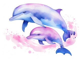 Two Dolphins Swimming in Water. Watercolor illustration.