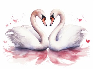Two Swans Sitting Together in Water, Peaceful and Graceful Birds. Watercolor illustration. Valentine's Day mood.