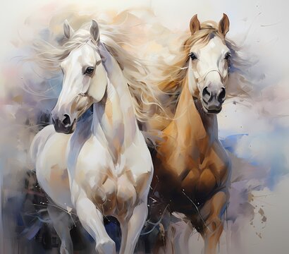 portrait in oil painting style of two horses standing, modern art in peaceful soft neutral tone color