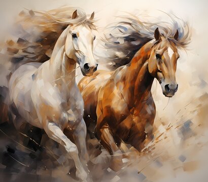 portrait in oil painting style of two horses galloping, modern art in peaceful soft neutral tone color