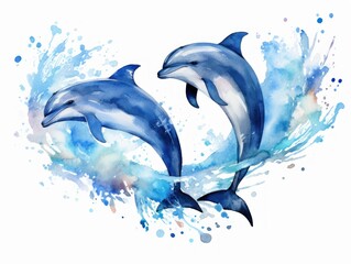Two Dolphins Jumping Out of Water - Beautiful Aquatic Animals in Motion. Watercolor illustration.