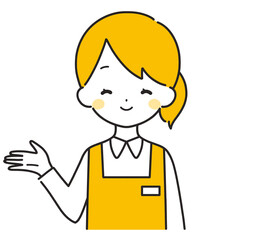 オレンジ色｜案内する女性店員｜右手