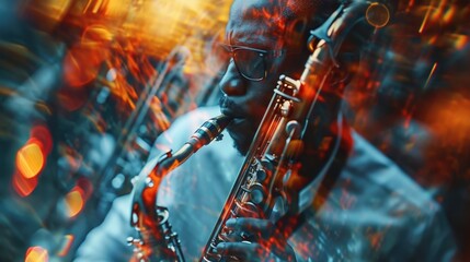 A montage of closeup shots of individual musicians in a jazz performance each lost in their own unique improvisation yet still harmoniously creating together - obrazy, fototapety, plakaty