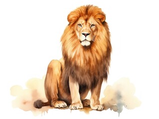 Majestic Lion Watercolor Painting Depicting the Feline Seated