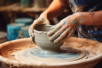 Woman making ceramic cup on potters wheel. - obrazy, fototapety, plakaty