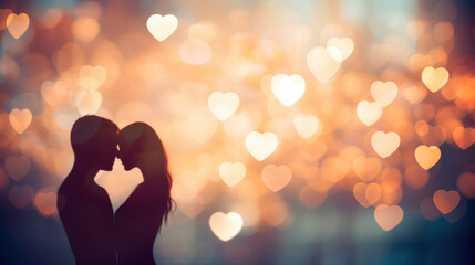Silhouette of a couple in love with heart bokeh background - obrazy, fototapety, plakaty