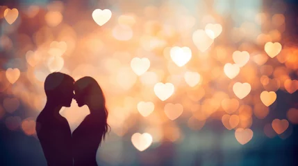 Poster Silhouette of a couple in love with heart bokeh background © tashechka