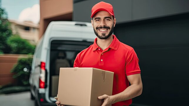 Delivery courier service, delivery man in red cap and uniform holding a cardboard box near a van truck delivering to customer home, smiling man postal delivery man delivering a package
