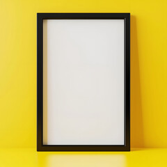 Portrait blank white picture with black frame standing on the floor, isolated on yellow background for mockup, copy space.