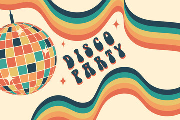 Disco ball. Disco party. Groovy. Template for postcard, poster, banner. Clockwork elements in retro hippie style of 70s.