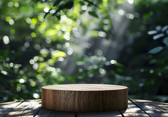 Wooden podium display for product presentation, leafy nature in a lush background. sunlight....