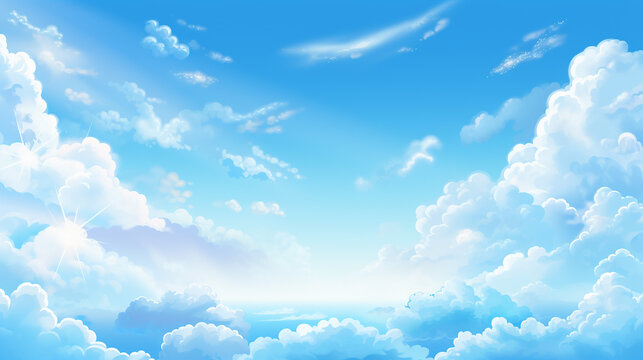 blue sky with clouds anime style background with shining sun and white fluffy clouds